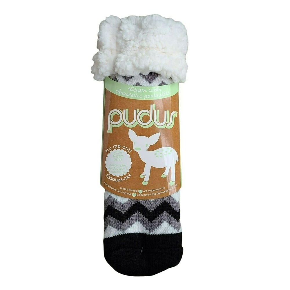 Pudus Slipper Socks Warm Chevron Pattern Black Gray Non Slip Gripper Sole New